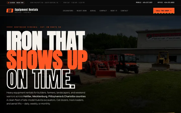58 Equipment Rentals — homepage mockup
