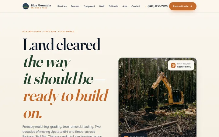 Blue Mountain Grading & Tree Service — homepage mockup