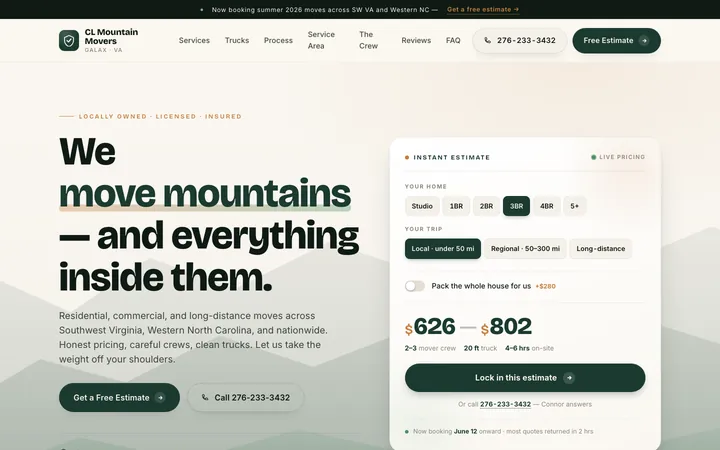 CL Mountain Movers — homepage mockup