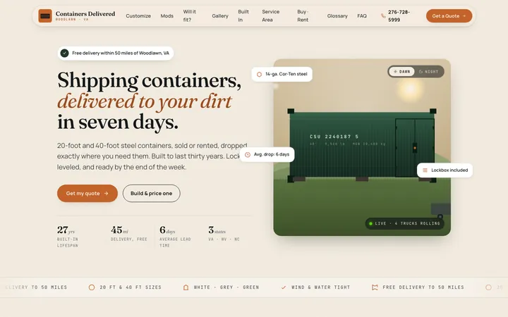 Containers Delivered — homepage mockup