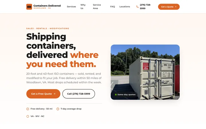 Containers Delivered — homepage mockup