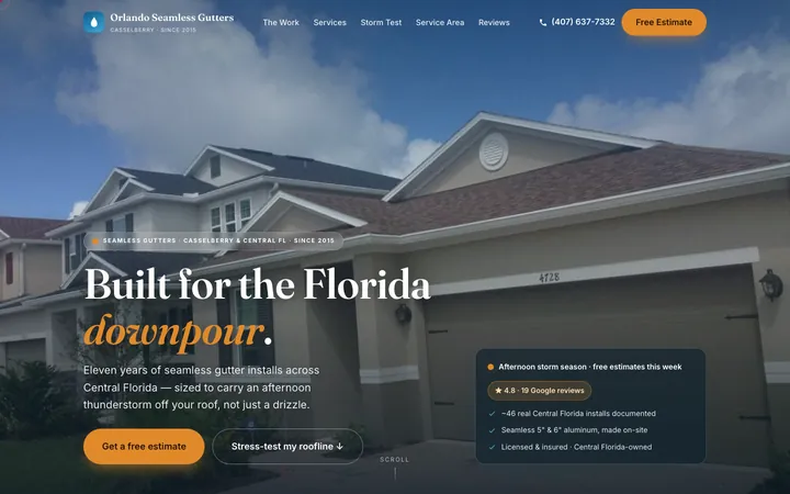 Orlando Seamless Gutters — homepage mockup