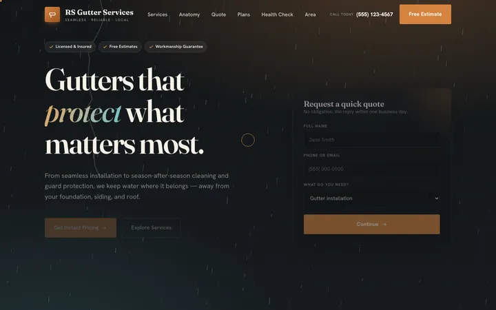 RS Gutter Services — homepage mockup