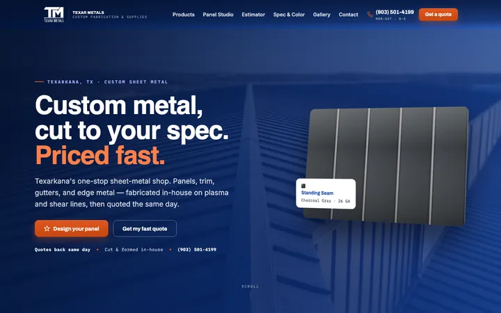 TexAr Metals — homepage mockup